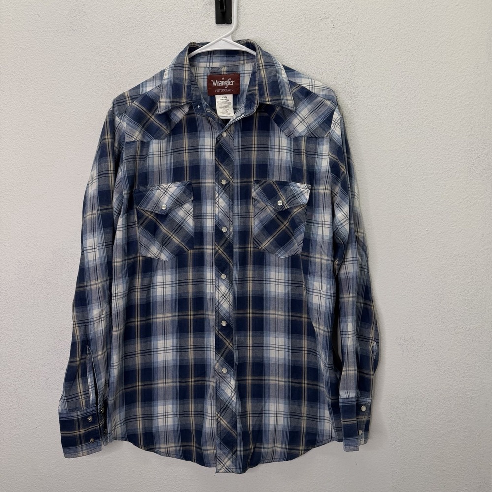 Wrangler Y2K Western Shirt Men M Blue Plaid Pearl Snap Button Cowboy Rodeo Ranch